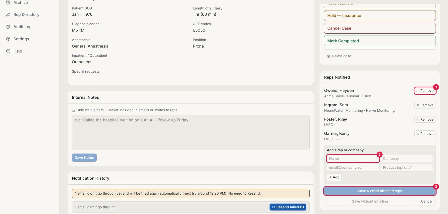 Reps Notified panel with Remove, the Add a rep field and Save & email affected reps circled