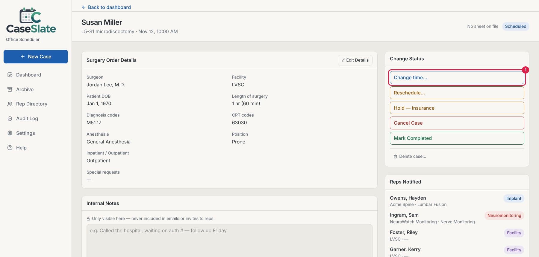 Case page with the Change time… button circled