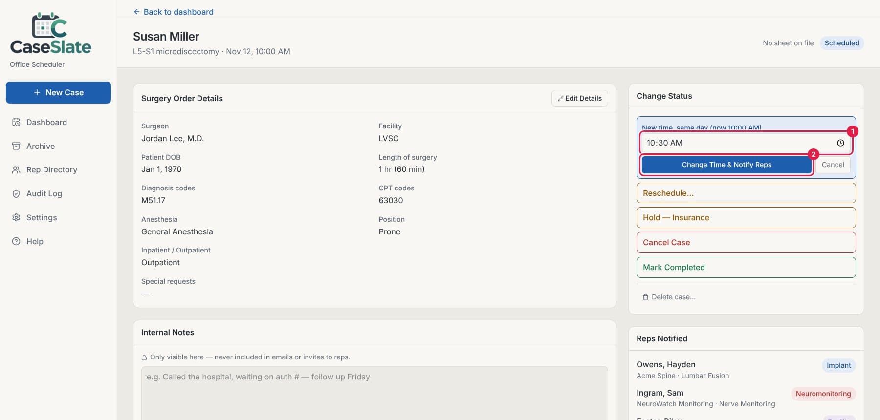 Change time box with the time field and Change Time & Notify Reps circled