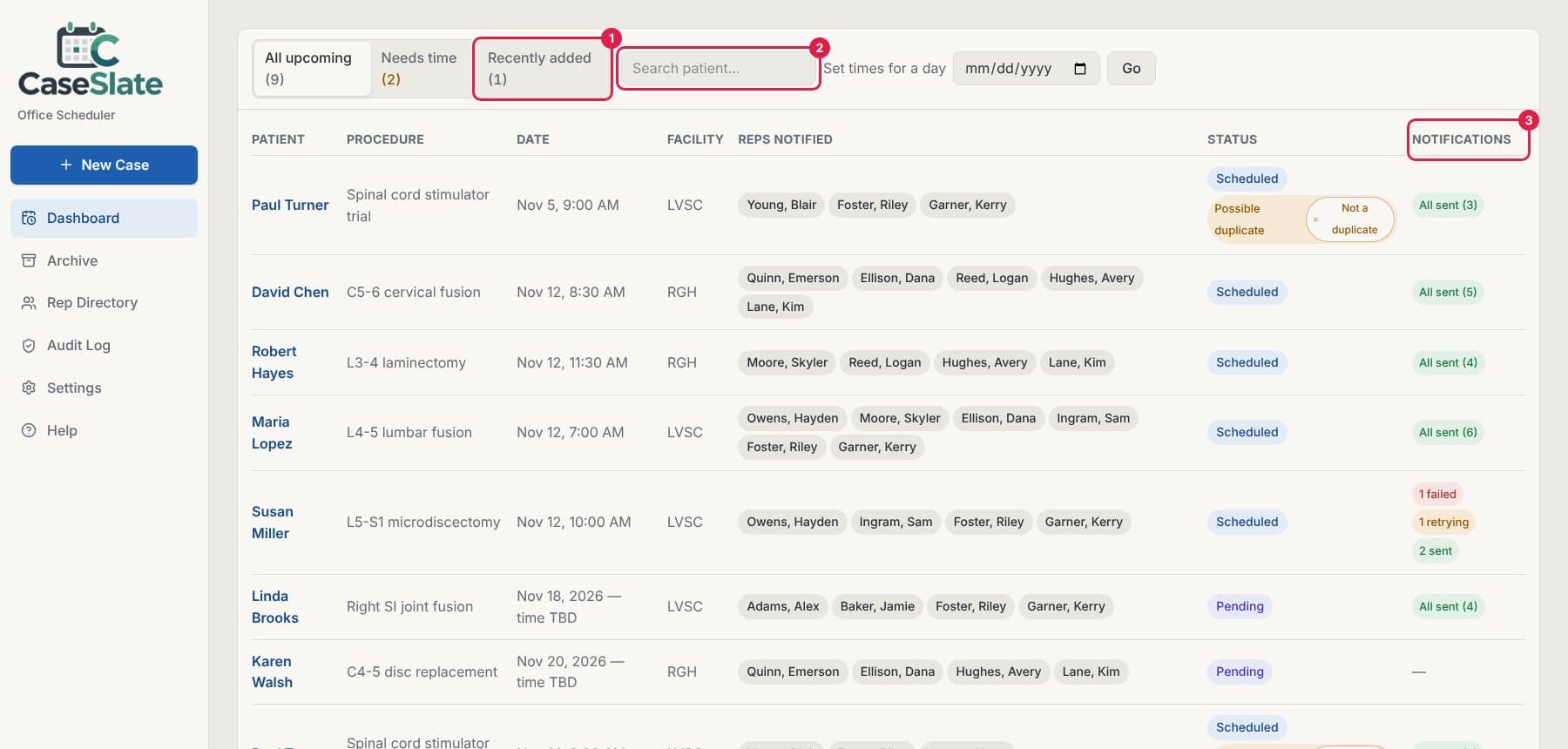 Dashboard with the Recently added tab, the patient search box and the Notifications column circled