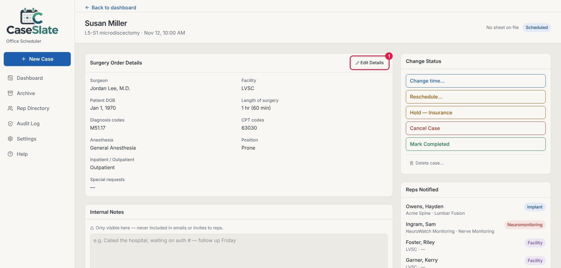 Case page with the Edit Details button circled