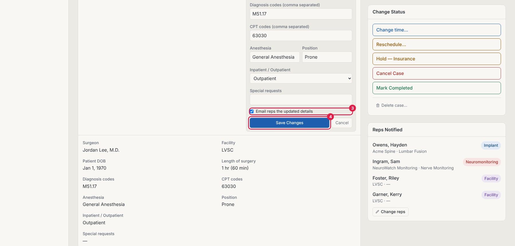 Bottom of the edit form with Email reps the updated details and Save Changes circled