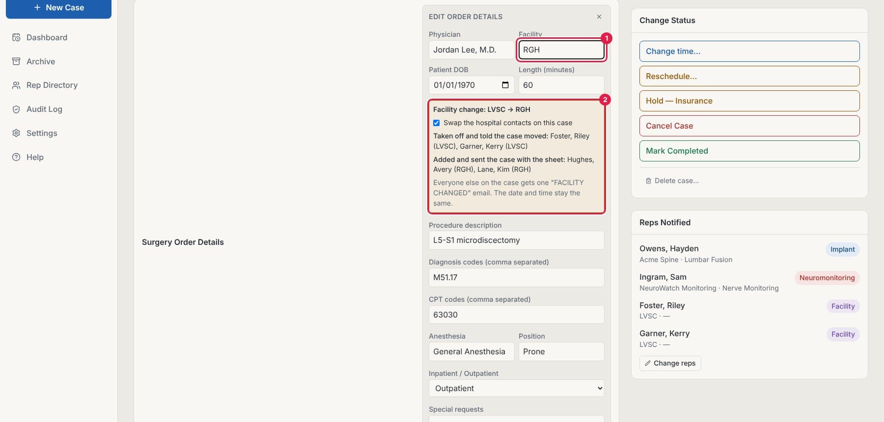 Edit form with the Facility field and the facility change box circled
