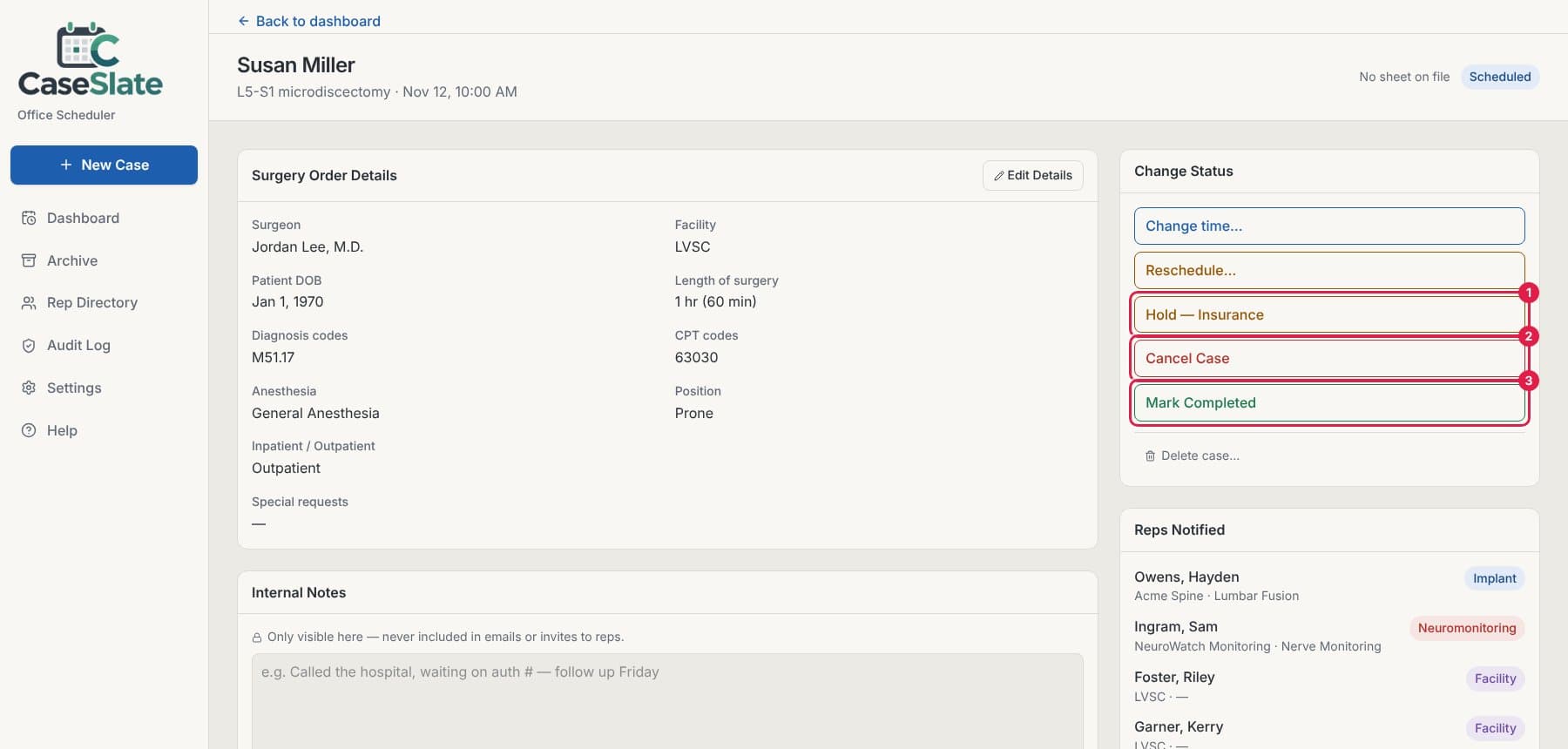 Case page with Hold — Insurance, Cancel Case and Mark Completed circled