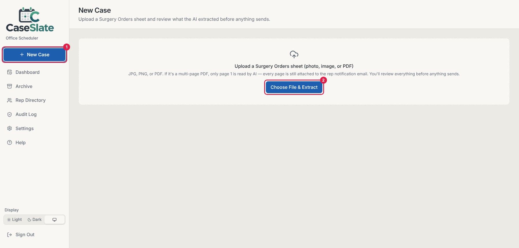 New Case page with the New Case button and the Choose File & Extract button circled