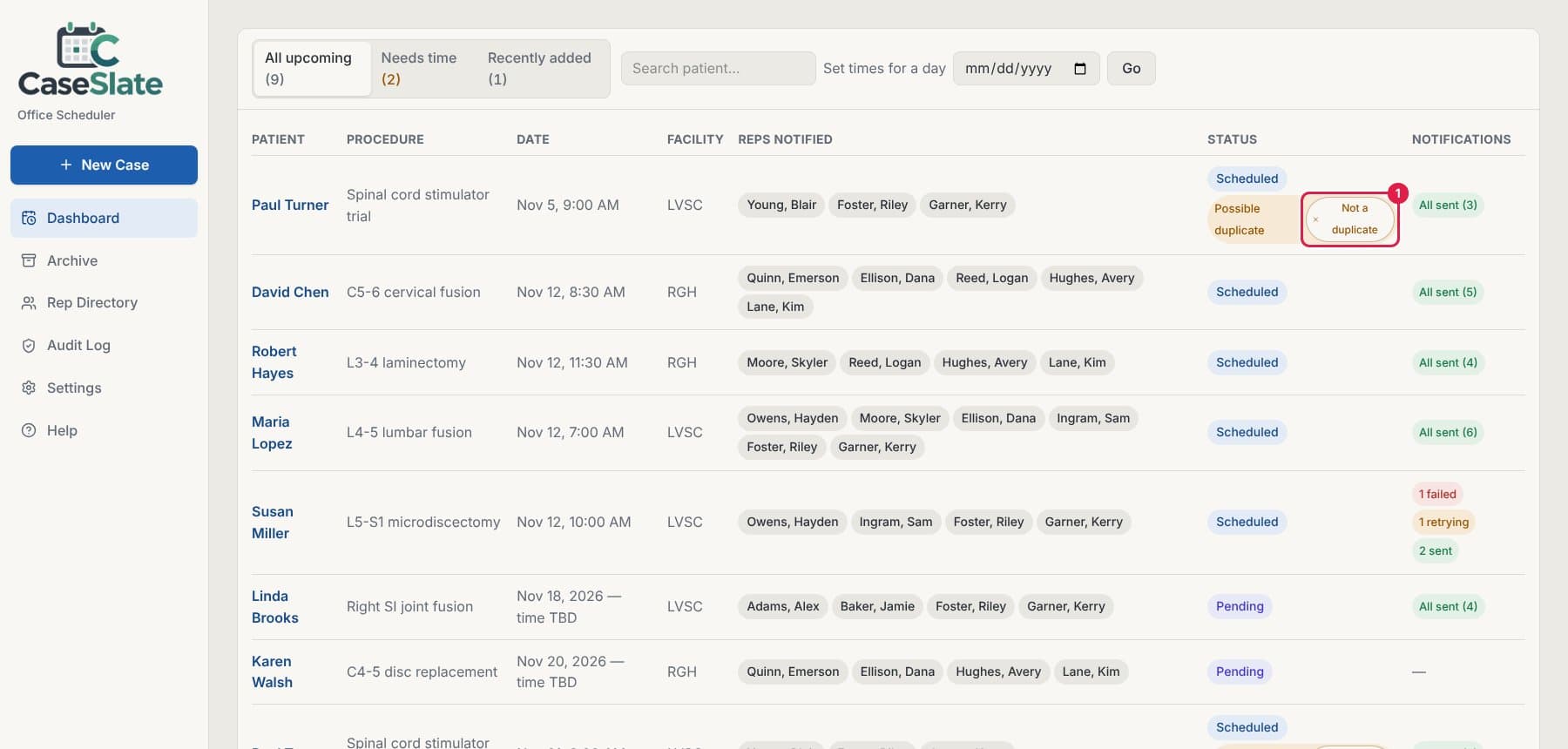 Dashboard row with the Not a duplicate button circled