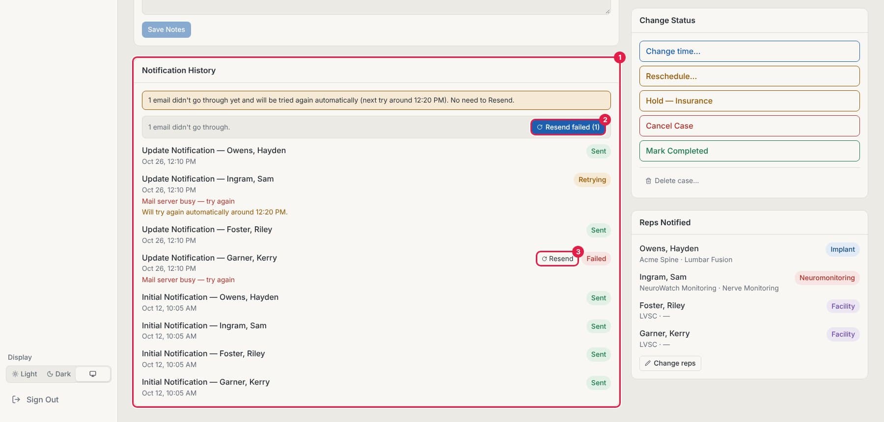 Notification History with Sent, Retrying and Failed rows, and the Resend buttons circled