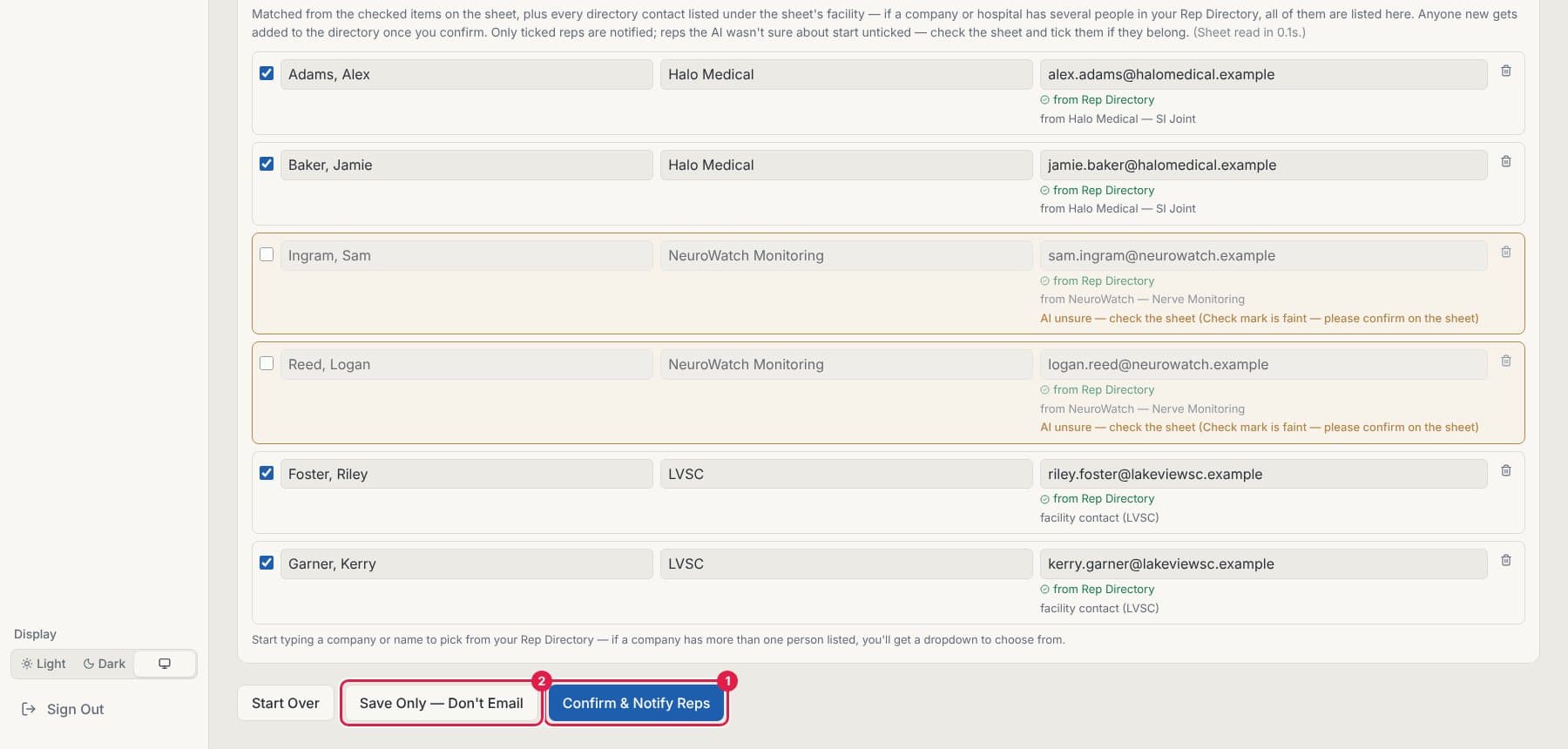 Bottom of the review screen with Confirm & Notify Reps and Save Only — Don't Email circled