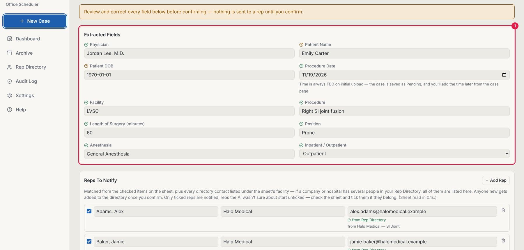 Review screen with the Extracted Fields box circled