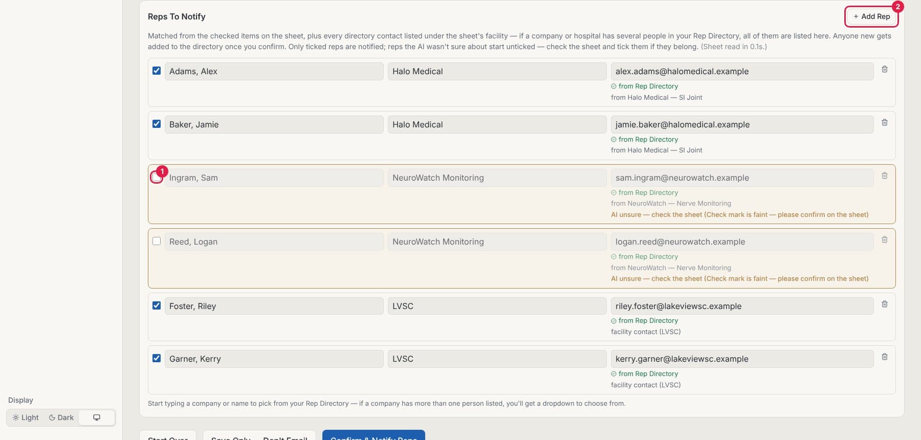 Reps To Notify list with an unticked rep and the Add Rep button circled