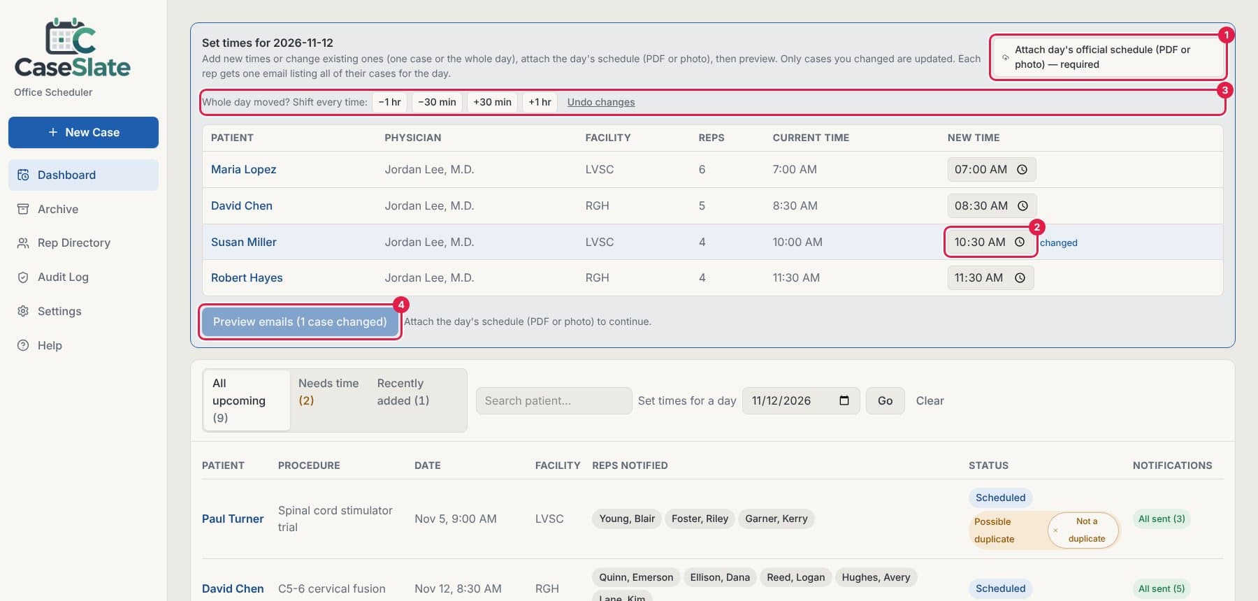 Set times panel with the attach schedule button, a new time, the shift buttons and Preview emails circled