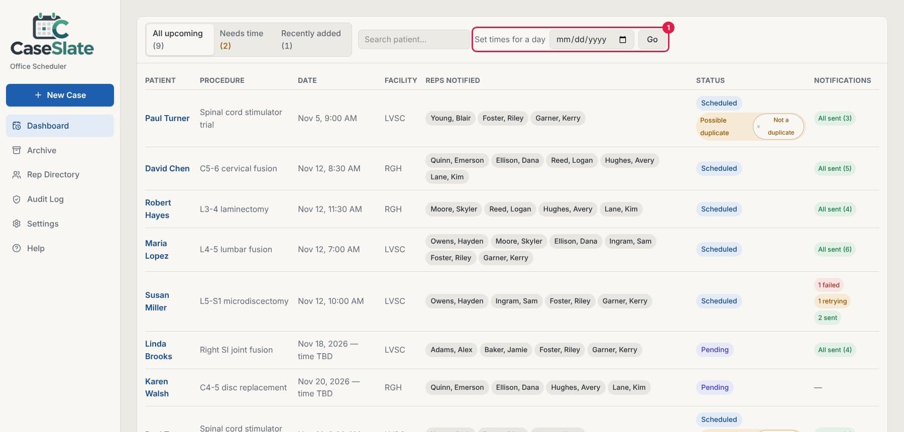 Dashboard with the Set times for a day date picker and Go button circled
