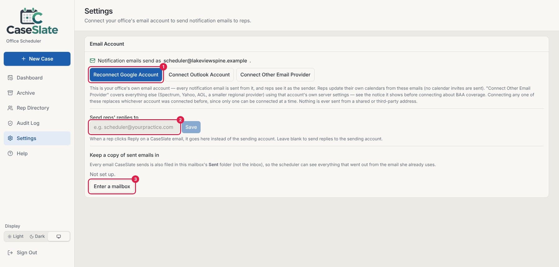 Settings page with the Google account button, the replies field and Enter a mailbox circled